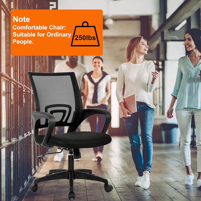 BestOffice | Ergonomic Office Chair | Mid-Back Swivel Desk Chair | Breathable Backrest & Lumbar Support | Adjustable Height | Sponge Seat | Rolling Wheels | Black | for Adults & Women | Pack of 2