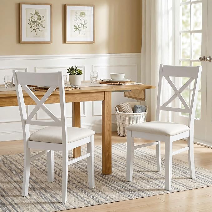 HOMCOM Dining Chairs Set of 2, Upholstered Kitchen Chairs with Rubberwood Frame, Padded Seat and Cross Back for Living Room, Dining Room, Kitchen, White