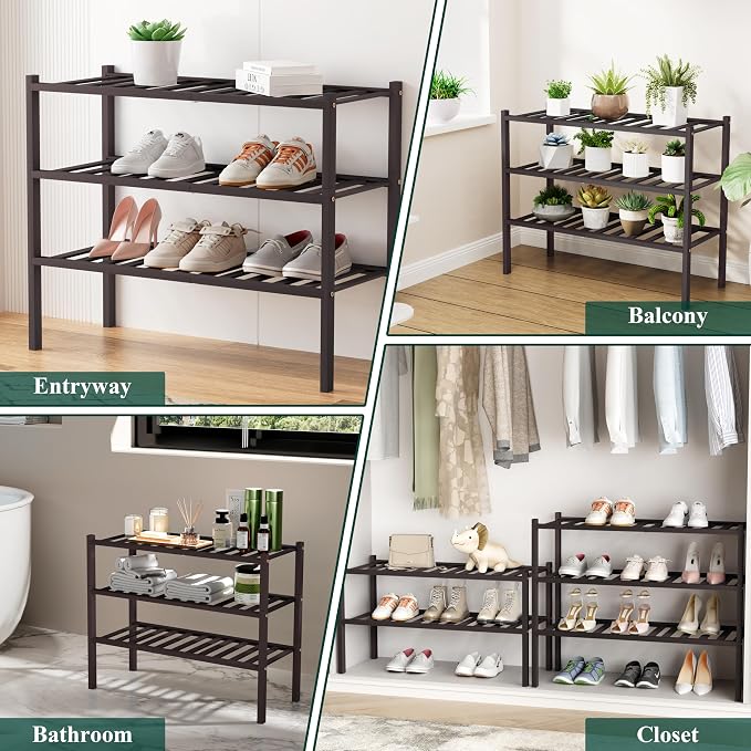 Smiry Bamboo Shoe Rack, 3 Tier Free Standing Wooden Shoe Organizer, Stackable Wood Shoe Storage Shelf for Closet, Entryway, 12 Vertical Slats, 2+1 Stack Standard Legs, 26.8"x11"x19.5", Brown