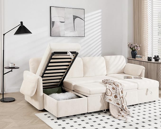 Tbfit 109'' Pull Out Sofa, Sleeper Sofa Bed with USB & 2 Storage Chaises, Comfy Oersized U Shaped Convertible Sectional Sleeper Couches for Living Room, Apartment, Office, White Sherpa