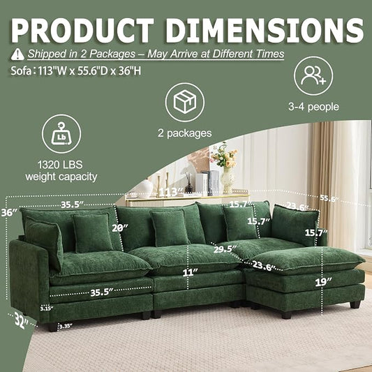 113” Modular Sectional Sofa, L Shaped Cloud Couches for Living Room, Green | Comfy Chenille, Deep Seat, Bedroom, Apartment, Throw Pillow, Removable Washable Cover, Movable Ottoman, Easy Assembly, Modern