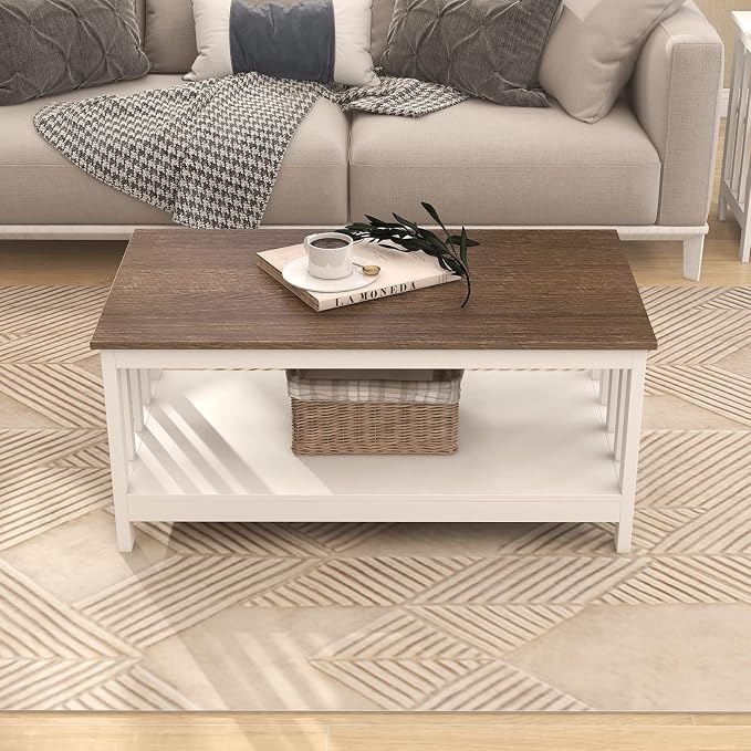 ChooChoo Farmhouse Coffee Table, White Living Room Table with Shelf, 40 Inch