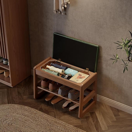 AQIMUELE Shoe Rack Bench,2 Tiers Shoe Bench with Storage with Flip-Top,Wood Shoe Rack for Entryway,Hallway(Green Upholstered Seat,11.8" D x 23.62" W x 15.7" H