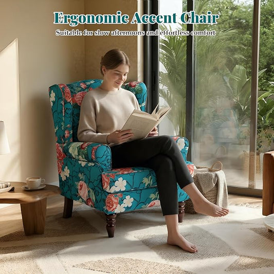 EROMMY Floral Accent Chair, Comfortable High Back Upholstered Armchair with Solid Wood Legs, Leisure Single Sofa Chair for Living Room, Bedroom, Home Office, Teal Floral
