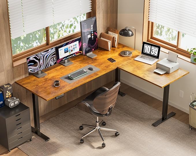 OffiGo 63 Inch Reversible L Shaped Electric Standing Desk, Height Adjustable Corner Stand up Desk, Ergonomic Large Lift Computer Table for Home, Office, Workstation, Rustic Brown