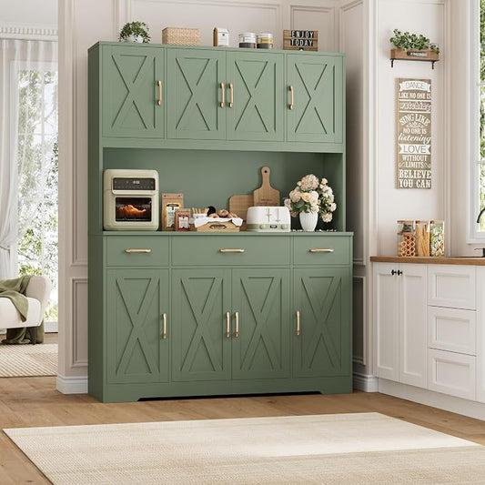 HOSTACK 71" Tall Pantry Cabinet with Charging Station, 55" Wide Kitchen Pantry Storage Cabinet with Countertop, Large Kitchen Hutch with Storage Drawers and Microwave Stand for Dining Room, Green