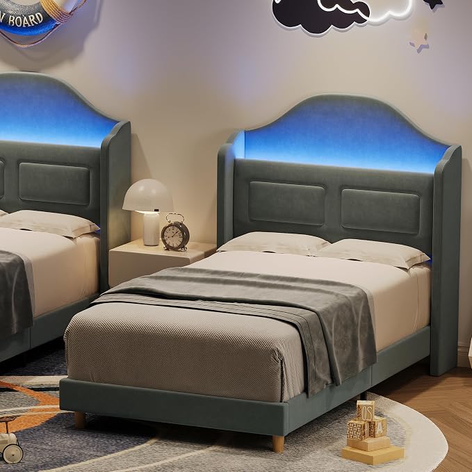 GarveeHome Twin Bed Frame for Kids, Upholstered Velvet Platform Bed for Boys/Girls with Wingback, Storage Bookcase Headboard & LED Lights, No Box Spring Needed, Noise-Free, Easy Assembly, Blue