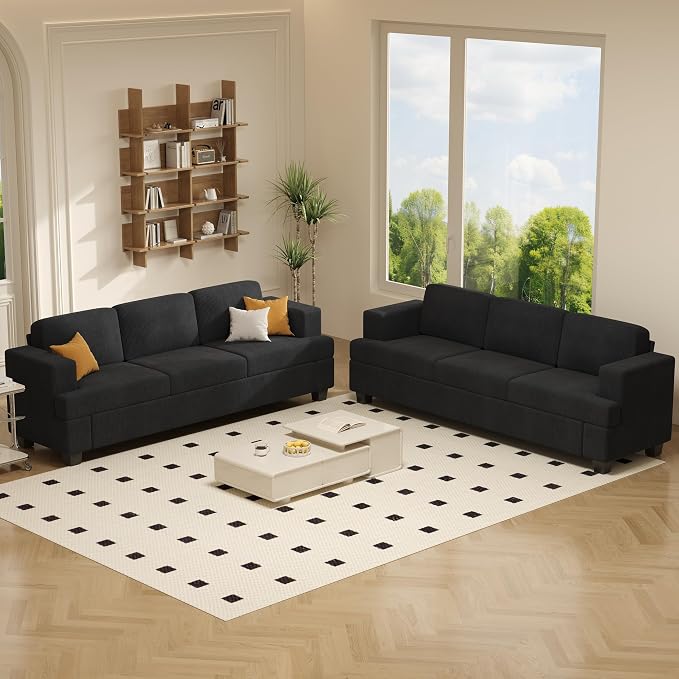 Apicizon 89" Modern Sofa Couch Set, Corduroy Couch 2 Piece Sofa Set for Living Room, Modern Lounge Sofa Couches for Apartment Lounge, Black