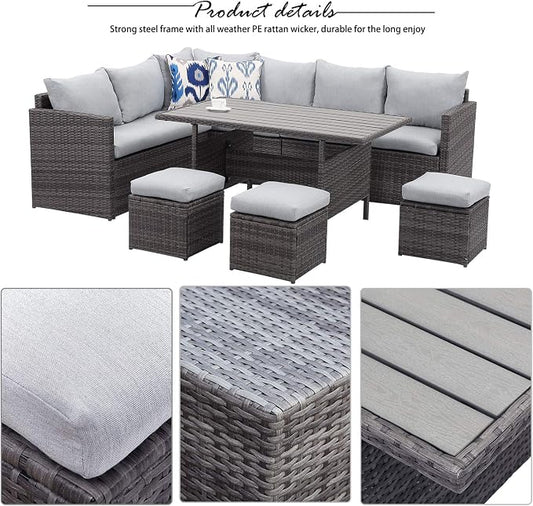 Wisteria Lane 7 Piece Patio Furniture Set, Wicker Patio Sectional with Wide Armrest, All Weather Outdoor Dining Set, Outdoor Furniture Patio Conversation Set with Ottoman, Light Grey