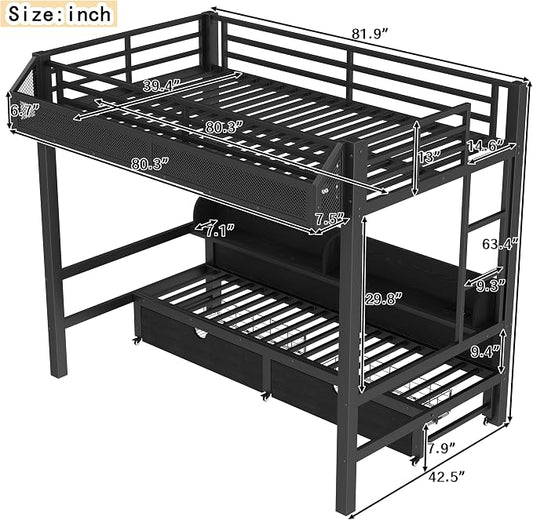 Bellemave Bunk Bed Twin XL Over Twin XL,Metal Bunk beds with Storage Shelves and Drawers USB Ports and LED Lights, Lower Bed That can be Converted into a Sofa, Black