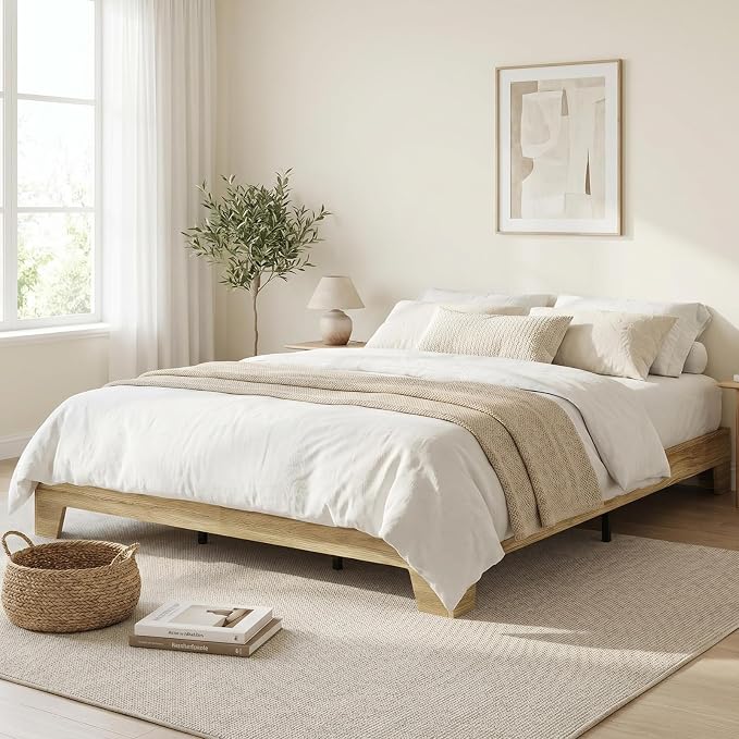 IDEALHOUSE Queen Size Platform Bed Frame,Boho Wood Bed with Noise-Free Slats,No Box Spring Needed,Nature Bedroom Furniture,Sturdy Wooden Bed Foundation,Easy Assembly