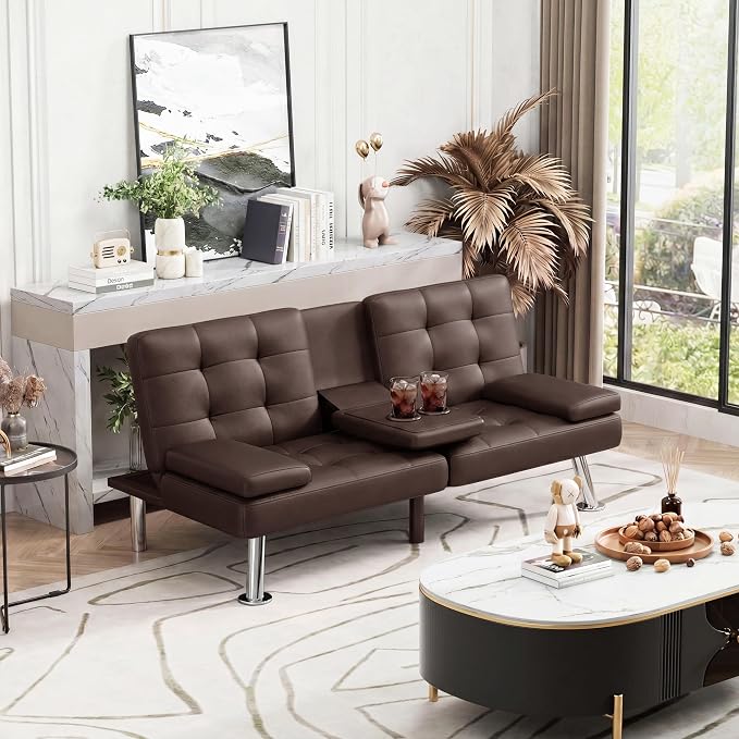 Homall Futon Sofa Bed, Leather Futon Couch with Removable Armrests, Adjustable Recliner Sleeper Sofa Bed with Dual Cup Holders for Living Room, Apartment, Office (Brown)