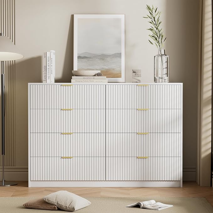Furniway White 8 Drawer Dresser for Bedroom, Modern Dresser with Smooth Slides, Wide Chest of Drawers with Golden Handles for Bedroom, Living Room, Closet, 15.7" D x 55" W x 37.4" H
