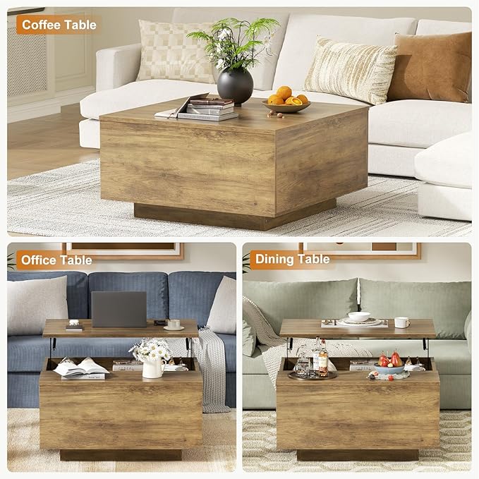 FABATO Lift Top Coffee Table, Wood Square Coffee Table with Storage, Farmhouse Coffee Tables with Hidden Storage Compartment, Center Table with Lifting Tabletop for Living Room, Home Office, Oak