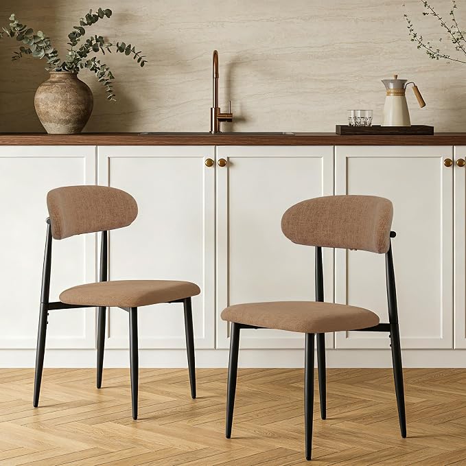 FREKEN Modern Upholstered Dining Chairs Set of 2, Mid-Century Metal Frame Linen Fabric Side Chair for Kitchen Dining Room, 350lbs Capacity, Brown