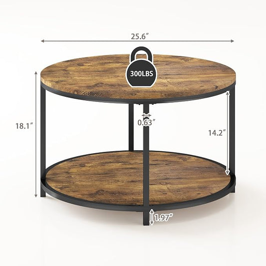 NSdirect Round Coffee Table, 25.6" Small Coffee Table for Living Room,2-Tier Rustic Wood Desktop with Storage Shelf Modern Design Home Furniture(Brown)