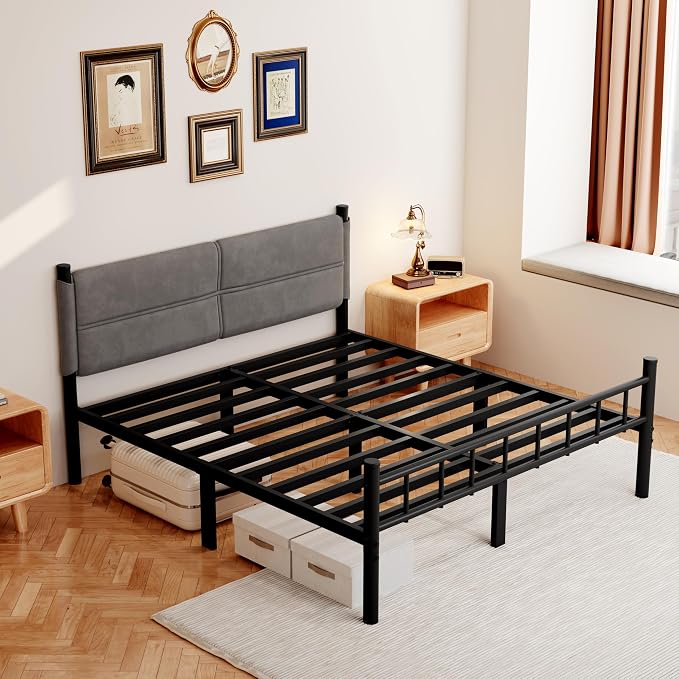 Metal Bed Frame,14Inch Full Bed Frame with Headboard,Heavy Duty Sturdy Mattress Foundation,Easy Assembly,No Box Spring Needed,Full Size Grey