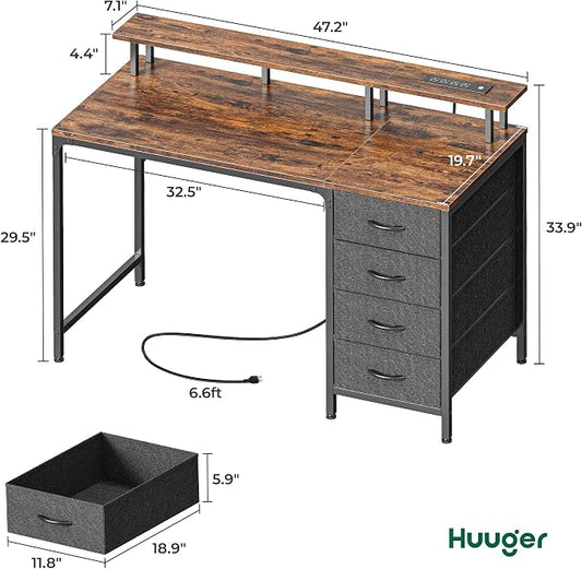 Huuger 47 Inch Computer Desk with Power Outlets and LED Lights, Gaming Desk with 4 Drawers, Office Desk with Monitor Stand, Study Work for Home Office, Small Spaces, Rustic Brown
