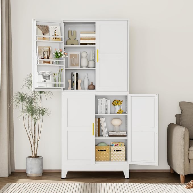 GAIOUS 74.8" Tall Metal Food Cabinet, White Kitchen Pantry Cabinet, Storage Cabinets with 4 Door and 4 Adjustable Shelves, Steel Freestanding Cupboard for Kitchen Dining Room Living Room Bathroom