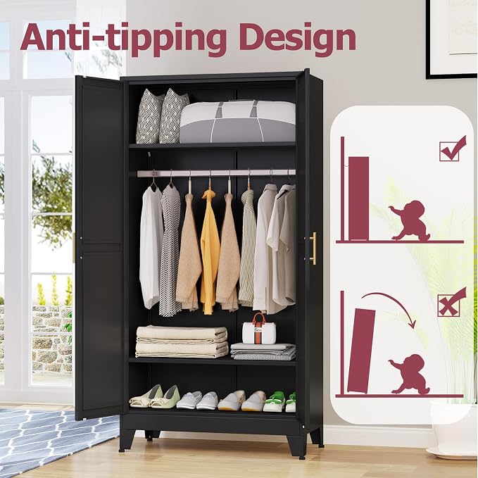 GAIOUS Metal Wardrobe Cabinet with Hanging Rod, Clothing Storage Cabinets | with 2 Doors and Adjustable Shelves, 71" Metal Black Armoire Wardrobe Closet for Bedroom, Laundry Room, Cloak Room