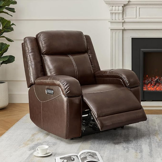 Watson & Whitely Genuine Leather Power Recliner Chairs for Adults, Wall Hugger RV Recliner with Power Headrest & Charging Ports, Electric Recliner Sofa Chair for Living Room, Dark Brown