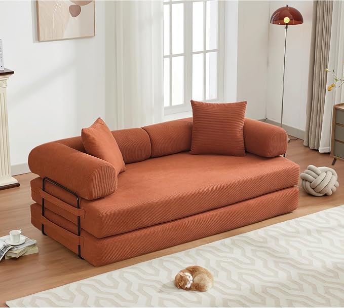 ZEIINPA Convertible Sleeper Sofa Bed with Cylindrical Pillow, Corduroy Folding Mattress Couch with Fixed-Shape Frame, Floor Sofa Lounge Couch for Living Room Bedroom Lounge Studio, Orange