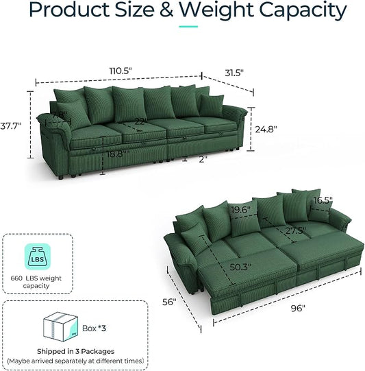 LINSY HOME Oversized Sectional Sleeper Sofa with Pull Out Couch Bed (Green, 110.5'') | USB Charging