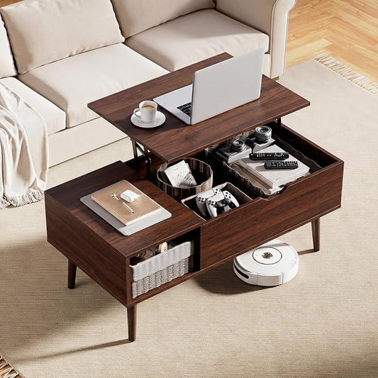 OLIXIS Wood Lift Top Coffee Table with Hidden Compartment and Large Storage Shelf, Lift Tabletop Dining Center Table for Home Living Room Office, Dark Brown
