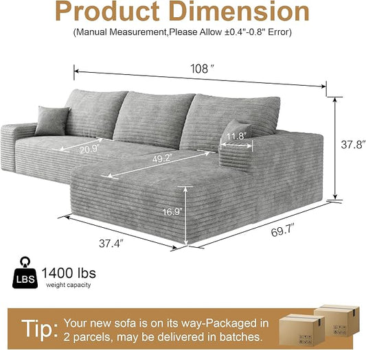 AUGOP 108" Sectional Couches for Living Room Modern Modular Sofa with L-Shape Couchs Upholstered Boneless Couch Deep Seat Sectional Couch with Chaise (Grey, Right Facing Chaise+2Seaters)