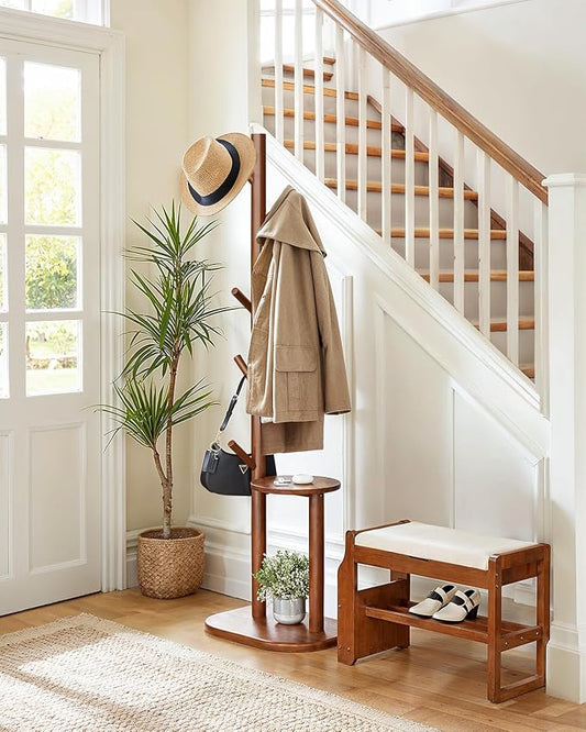 Pipishell Coat Rack, Freestanding Hall Tree with 8 Hooks & Storage Shelf, Solid Wood Base, 66.3″ Tall Coat Rack Stand for Coats, Hats, Bag in Entryway, Bedroom, Living Room, Brown