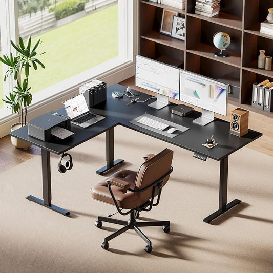 Agilestic Electric L Shaped Standing Desk 63 x 48 Inch with Power Outlet, Height Adjustable Corner Stand up Desk with Cable Management,Sit Stand Home Office Workstation with Splice Board, Black