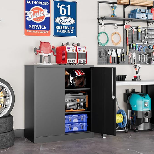 Metal Storage Cabinet, 35.4'' Tall Small Storage Cabinet with Doors and Shelves, Locking Cabinet for Home Office, Garage, Utility Room, Warehouse, Black