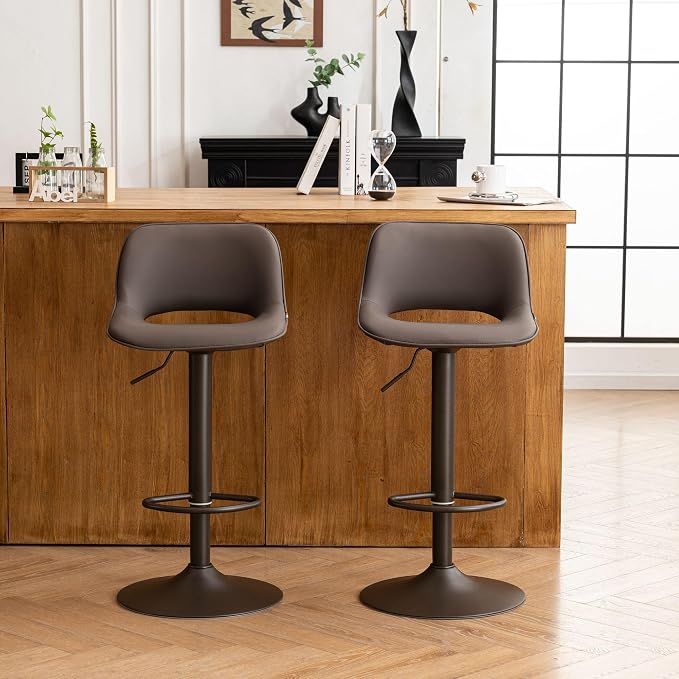 YOUNIKE Bar Stools Set of 2 Modern Swivel Barstools, Compact Adjustable Counter Height Bar Stools Faux Leather Upholstered Counter Stools with Hollow Back for Kitchen Island, Brown