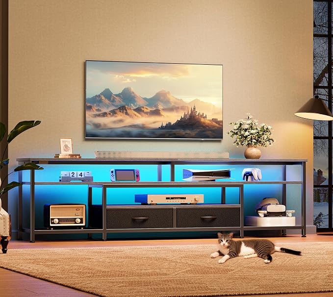 Huuger TV Stand for 75 80 Inch TV, Entertainment Center with Power Outlets and LED Lights, 70.9 Inch TV Console for Living Room, Media Console with Drawers and Shelves, Grey