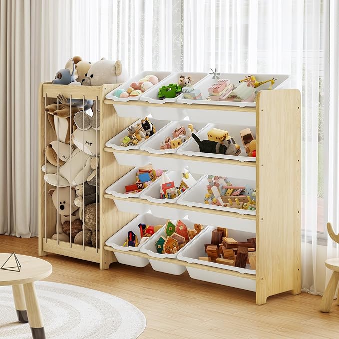 EXPERLAM Kids Toy Storage Organizer, 2-in-1 Stuffed Animal Storage & Toy Organizer w/12 Bins, Solid Wood Toy Rack Featuring Thicker Elastic Ropes to Hold Toys, Playroom Nursery Bedroom Storage, White