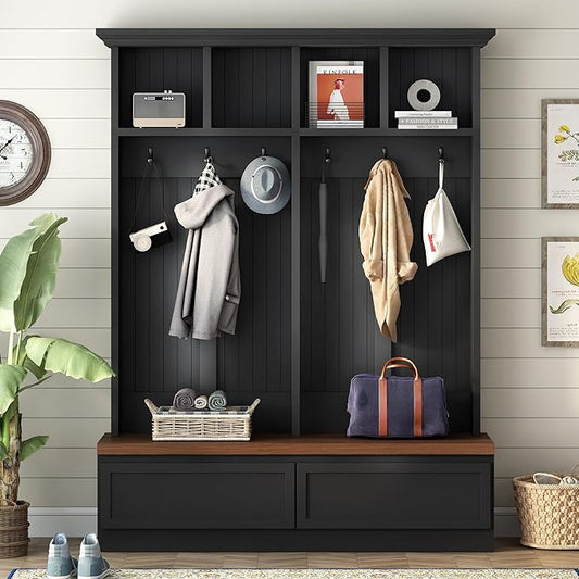 55.9" W Hall Tree with Bench and Shoe Storage,Shoe and Coat Rack with Drawer and Hooks,Farmhouse Furniture for Entryway,Mudroom,Living Room,Black