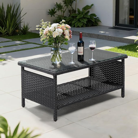 VINGLI Outdoor Wicker CoffeeTable Patio Coffee Tables for Outside, Tempered Glass Top Wicker Table with Storage Coffee Table for Patio Balcony Porch Deck (Black)