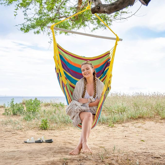 SUNCREAT Hammock Chairs Hammock Chair Swing with Steel Support Bar, Side Pocket, Large Swing Chair for Bedroom, Patio, Garden, Rainbow