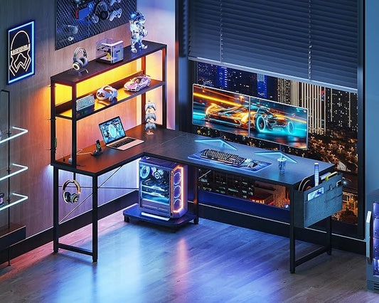 Casaottima 61 Inch Gaming Desk with Power Outlets & LED Lights, Reversible L Shaped Computer Desk with Shelves & Storage Bag, Corner Desk for Home Office, Black