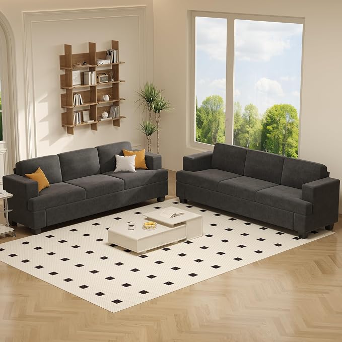 Apicizon 3-Seater Sofa & 3-Seater Sofa, 2 Piece Set Comfy Couch for Living Room, Modern Lounge Sofa Couch for Apartment Lounge, Dark Grey Chenille