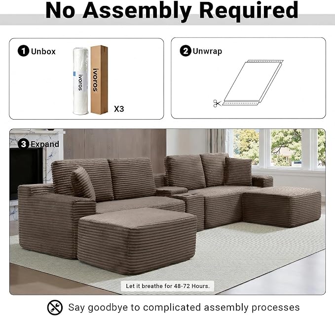 ivoros 150 Inch Modular Sectional Sofa Couch, Oversized Modern Cloud Couch for Living Room, U Shape Couches with 2 Ottomans, USB Ports and Cup Holders, Camel Corduroy Boneless Sofas, Sofa in a Box