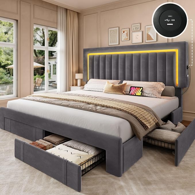 DWVO Queen Size Bed Frame with Adjustable Headboard, 4 Storage Drawers and RGB LED Lights, Velvet Upholstered Platform Bed with USB Ports, No Box Spring Needed, Fast Assembly, Noise-Free, Grey