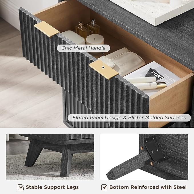 T4TREAM Fluted 6 Drawers Dresser, 54" Wide Modern Chest of Drawers, Curved Profile Design, Dresser TV Stand, Wood Drawer Organizer for Bedroom, Living Room, Hallway, Dark Alder