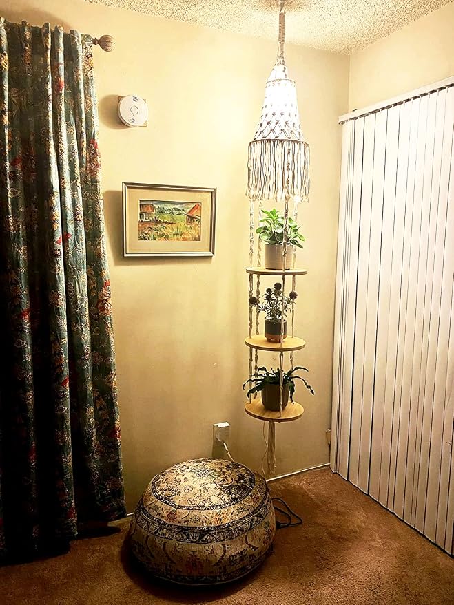 QIYIZM Boho Plug in Pendant Light Hanging Light with Plug in Cord,Dimmable Switch Hanging Lamp Macrame Lamp Shade and Plant Holder Shelf Indoor for Bohemian Decor Bedroom Corner Living Room