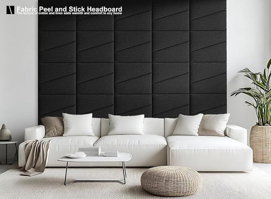 Peel and Stick Headboard for Twin Bed Linen Fabric Upholstered Wall Mounted Headboard - Wall Padding Panel in Black for Bedroom/Living Room/Dorm (4 Panels)