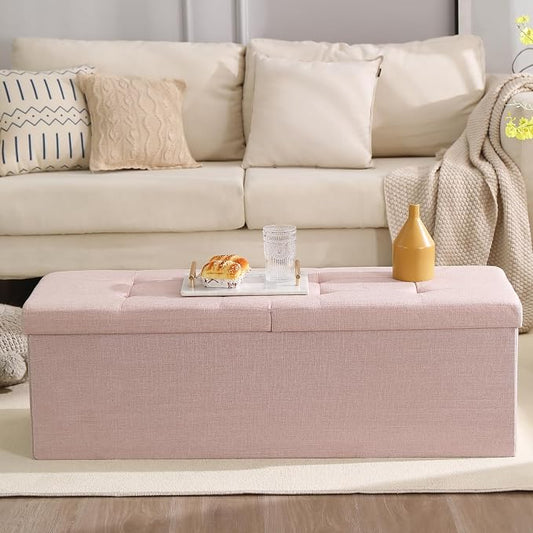 45.3 Inches Storage Ottoman Bench Foldable Seat Footrest Shoe Bench End of Bed Storage with Flipping Lid, 166L Storage Space, Linen Fabric Pink