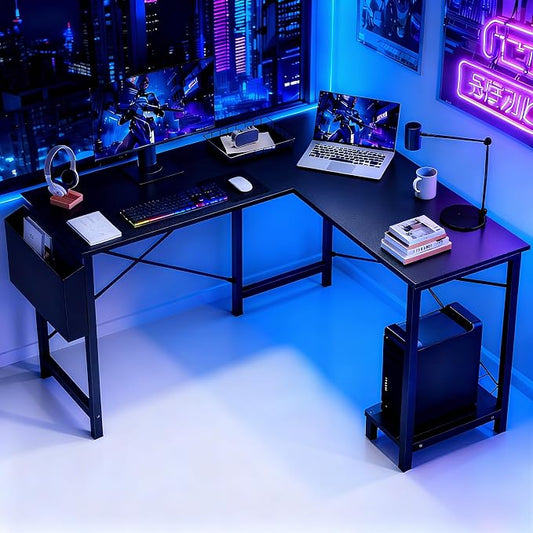 OLIXIS L Shaped Desk, 50-Inch Office Computer Gaming Desks Corner PC Table with Side Bag and Reversible Shelf for Home Work Study Writing Black