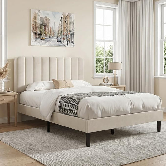 VECELO Full Size Bed Frame with Upholstered Headboard, Velvet Platform Bedframe Mattress Foundation, Strong Wood Slat Support, No Box Spring Needed,Bone Beige