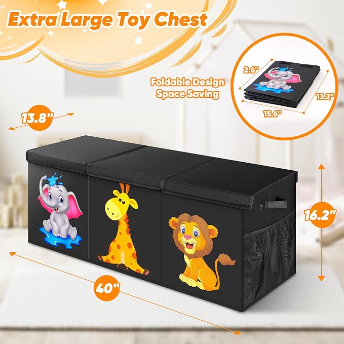 Mabahoo Extra Large Toy Box, Collapsible Toy Storage Organizer with Lids, Cute Animals Toybox for Boys Girls, 40"x14"x16" Kids Toy Chest Storage Boxes for Living Room Playroom Nursery