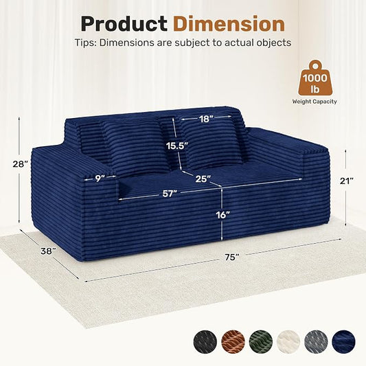 75'' Modern Cloud Loveseat Sofa Set of 2, No Assembly Required Comfy Deep Seat Couches 2 pcs for Living Room, Bedroom, Apartment (Corduroy-Blue)